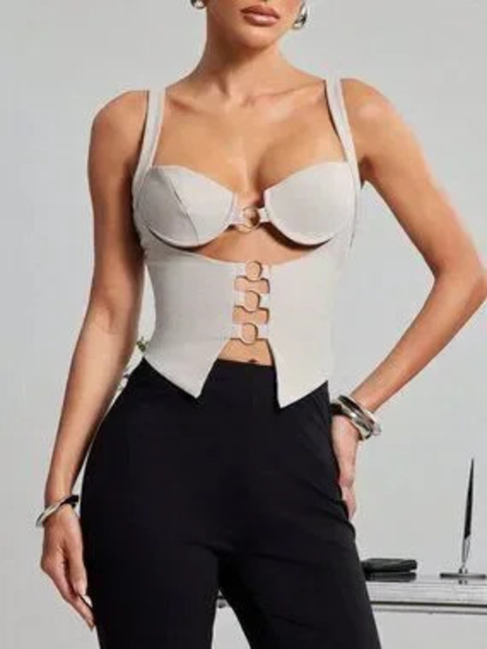 ZARA Light Grey Woven Sexy Women's Top with Ring Details and Back Corset